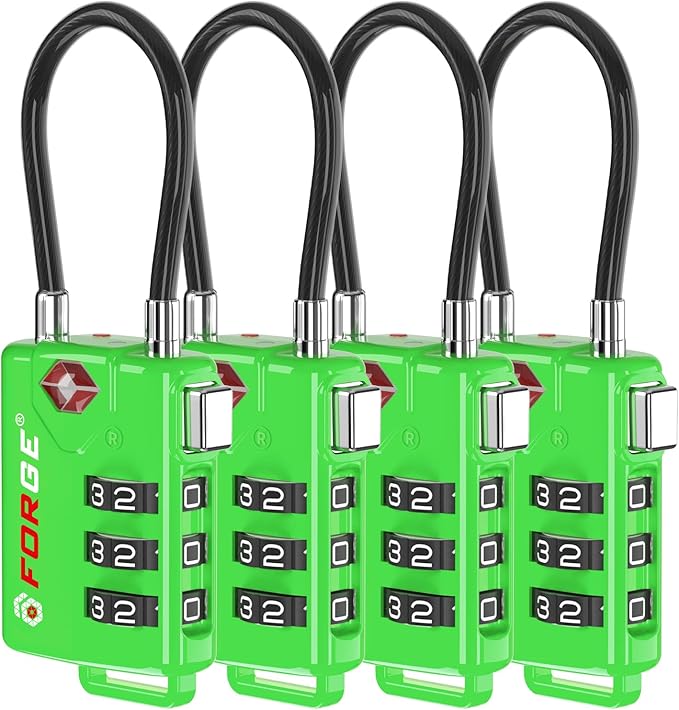 TSA Approved Cable Luggage Locks, Re-settable Combination with Alloy Body (Green 4 Locks)