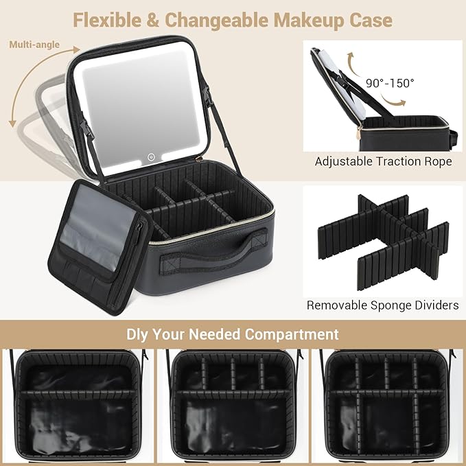 Travel Makeup Bag with Led Mirror Make up Case with Lighted Mirror Cosmetic Organizer bag with Adjustable Dividers and 5X Magnifying Mirror Makeup Box Vanity Case for Women