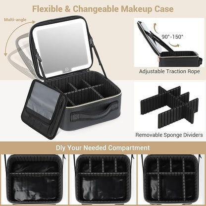 Travel Makeup Bag with Led Mirror Make up Case with Lighted Mirror Cosmetic Organizer bag with Adjustable Dividers and 5X Magnifying Mirror Makeup Box Vanity Case for Women