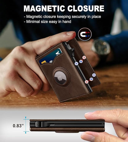 Airtag Wallet for Men,with Cash Pocket 2 ID Window 9-12 Cards,Metal Case Smart Slim Pop Up Credit Card Holder Flip with Magnetic Closure RFID Blocking Trifold wallet with Gift Box