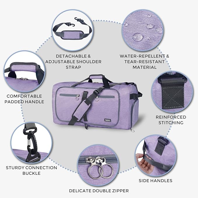 Fmeida 65L Duffle Bag with Shoes Compartment, Foldable Travel Duffel Bags for Men Women, Large Packable Travel Bag Water Repellent & Tear Resistant (Purple)