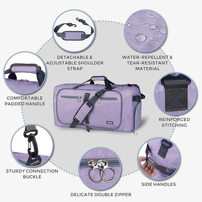 Fmeida 65L Duffle Bag with Shoes Compartment, Foldable Travel Duffel Bags for Men Women, Large Packable Travel Bag Water Repellent & Tear Resistant (Purple)