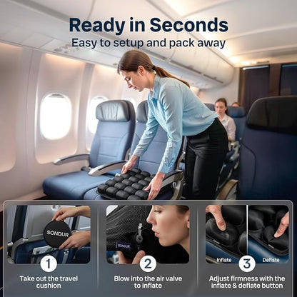 Travel Cushion – CloudAir Technology Airplane Seat Cushion – Inflatable Travel Pillow for Long Flights – Portable Air Cell Design, Puncture-Resistant Waterproof Pad – Black