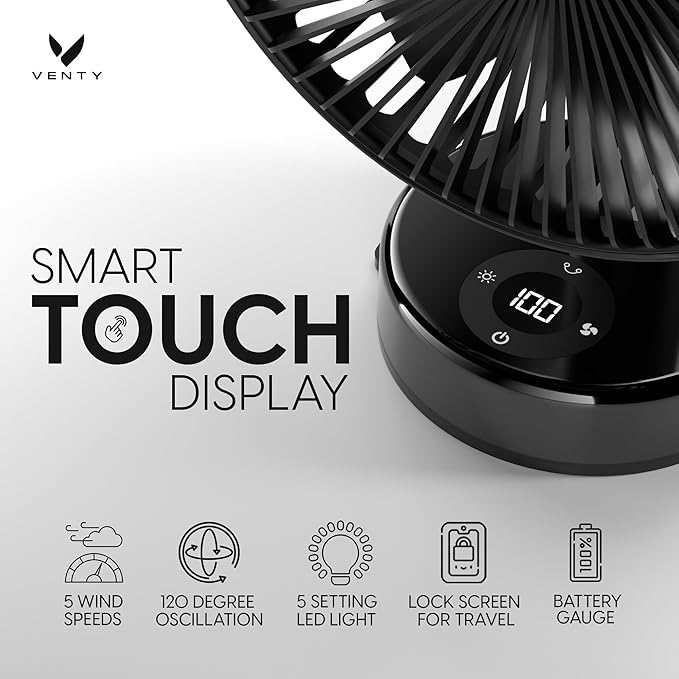 VENTY Portable Clip Fan - Rechargeable 10-Hour Battery Portable Fan - 360° Rotation & 90° Tilt - Stroller, Desk or Bedside - Aromatherapy & LED Light - USB-C Rechargeable Clip On