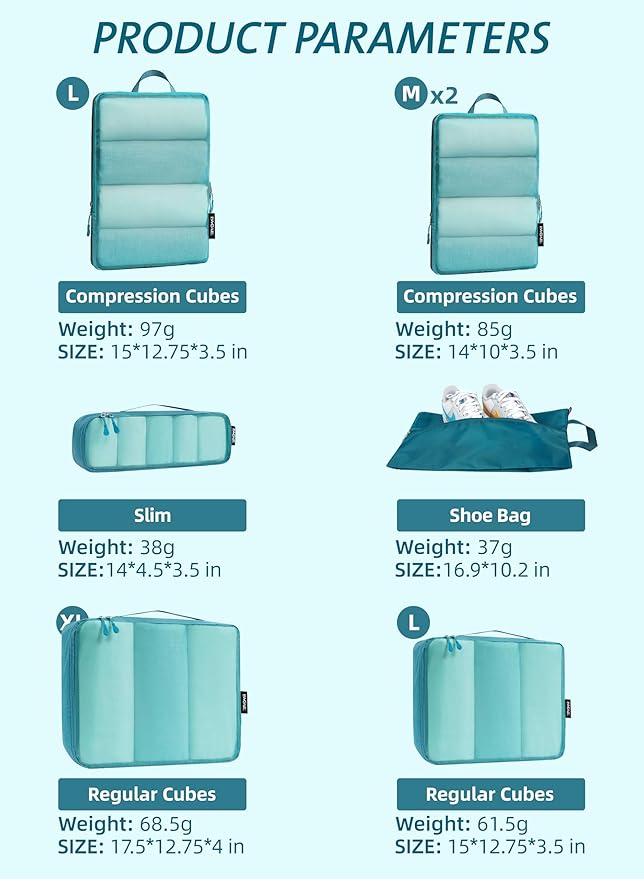 Bagail Ultralight Compression Cubes 7 Set - 3 Packing Cubes, 3 Organizers, and 1 Shoe Bag