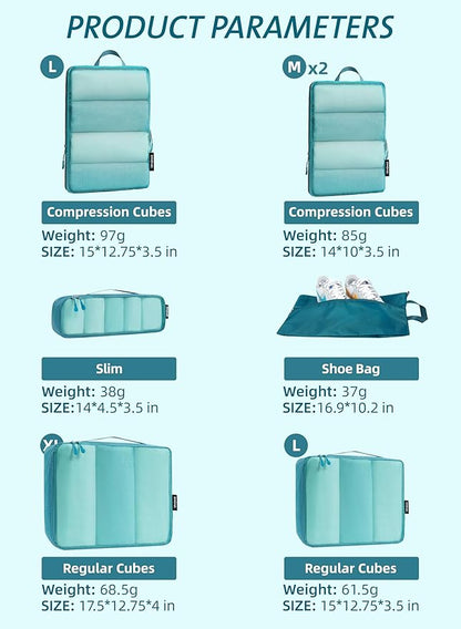 Bagail Ultralight Compression Cubes 7 Set - 3 Packing Cubes, 3 Organizers, and 1 Shoe Bag