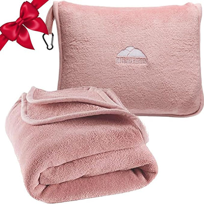 BlueHills Premium Soft Long Travel Blanket Pillow for Tall Airplane Flight Blanket 70 X48 inch Throw in Soft Bag case with Backpack Clip Compact Large Plane 2 in 1 Combo Pink T055