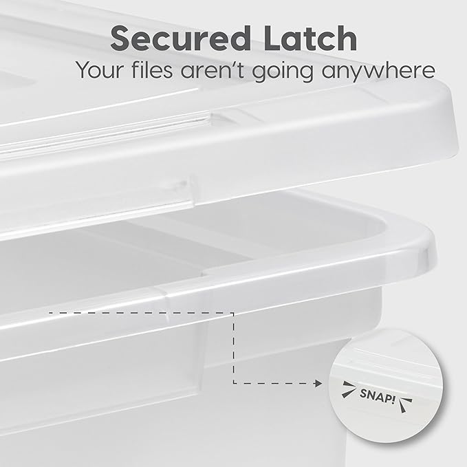 IRIS USA File Box, Plastic File Organizer with Lids for Letter/Legal File, Portable Document Box For Moving, Storage Bin with Durable and Secure Lid, Stackable Nestable BPA-Free, Clear 35 Qt. 4 Pack