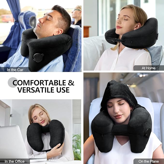 Neck Pillow for Travel Inflatable Airplane Pillow Comfortably Supports Head,Neck and Chin,Inflatable Travel Pillow with Soft Velour Cover,Hat,Portable Drawstring Bag (Black)