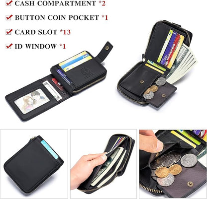 Genuine Leather Zipper Wallet for Men RFID Blocking Large Capacity Classic Wallet with Coin Pocket ID Window, Black