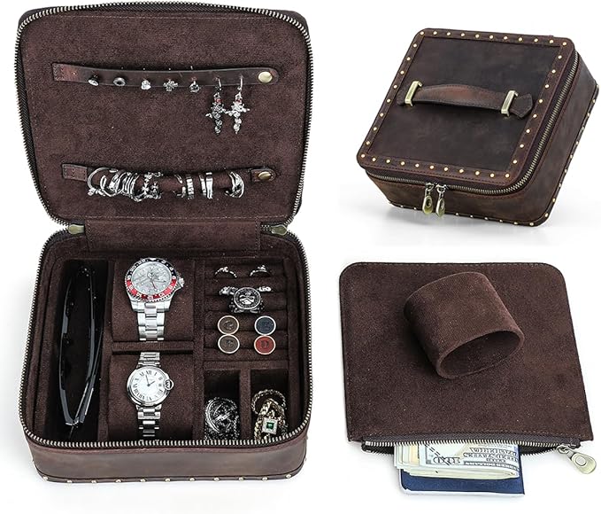CONTACTS Full Grain Leather Jewelry Box for Men Travel Jewelry Organizer Watch Case Vintage Jewelry Storage Case for Cufflinks Ring Sunglasses Holder by Handmade