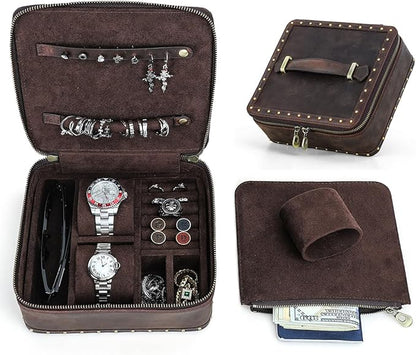 CONTACTS Full Grain Leather Jewelry Box for Men Travel Jewelry Organizer Watch Case Vintage Jewelry Storage Case for Cufflinks Ring Sunglasses Holder by Handmade