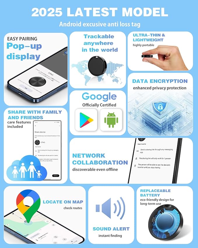 Air Tags for Android,Air Tags-2 Pack Android,Android Tracker Tags,2 Year Battery Life,Google Find Trackers for Google'S Find Hub App,IP65 Waterproof Luggage Tracker Android for Keys,Wallets,Luggage