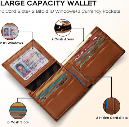 Genuine Leather Wallet for Men 12 Cards Mens Wallet Bifold Rfid Blocking with 2 ID Windows Card Holder Wallet with Gift Box
