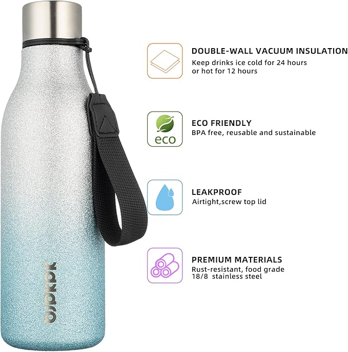 BJPKPK Insulated Water Bottles, 18 oz Stainless Steel Metal Water Bottle with Strap, BPA Free Leak Proof Jugs,Mugs,Flasks, Reusable Thermal Flasks for Sports & Travel, Sparkling Silver Blue