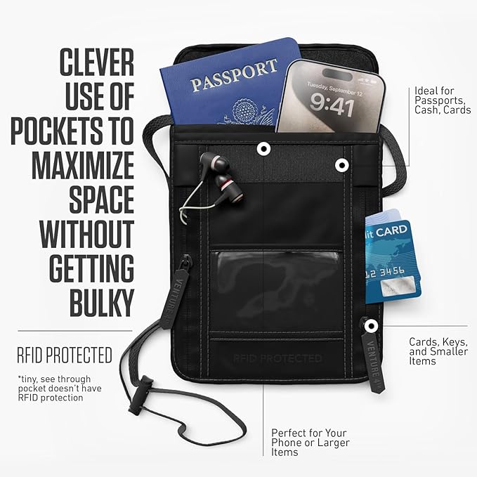 VENTURE 4TH Neck Wallet, RFID Blocking Passport Holder for Travel – Hidden Neck Pouch with 5 Compartments, Slim Lightweight Organizer with Adjustable Strap for Cash, Cards & Passport (Sleek Black)