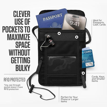 VENTURE 4TH Neck Wallet, RFID Blocking Passport Holder for Travel – Hidden Neck Pouch with 5 Compartments, Slim Lightweight Organizer with Adjustable Strap for Cash, Cards & Passport (Sleek Black)