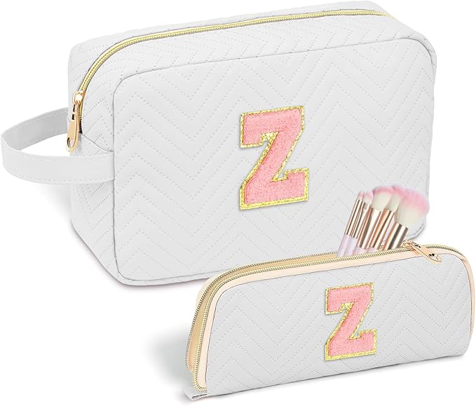 Personalized Initial Makeup Bag Trendy Stuff Leather Waterproof Cosmetic Bag Travel Toiletry Bag, Christmas/Thanksgiving/Halloween Gifts Makeup Organizer Case for Women Girls Mom Girlfriend Wife