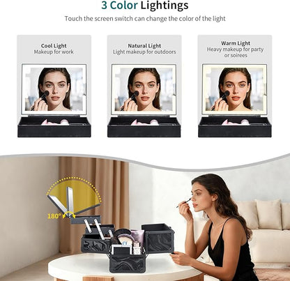 Travel Makeup Case with LED Lighted Mirror - 11.6" Portable Makeup Organizer Box, Cosmetic Train Case with Detachable Brush Holder - Fluid Black