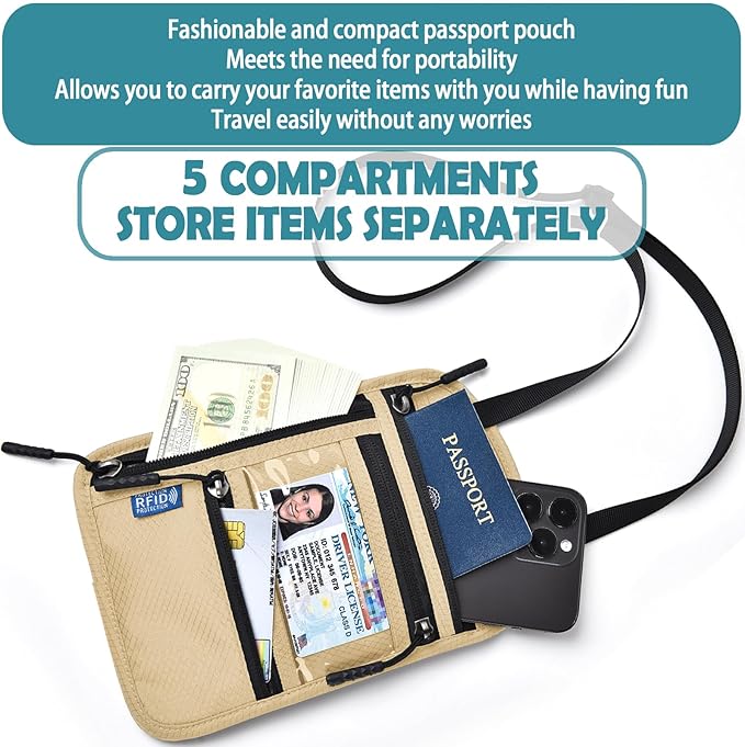 RFID Blocking Travel Neck Wallet–Hidden Passport Holder & Anti-Theft Money Pouch for Men & Women, Lightweight Concealed Travel Organizer with Adjustable Strap Secure Document