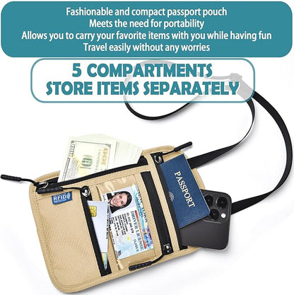 RFID Blocking Travel Neck Wallet–Hidden Passport Holder & Anti-Theft Money Pouch for Men & Women, Lightweight Concealed Travel Organizer with Adjustable Strap Secure Document