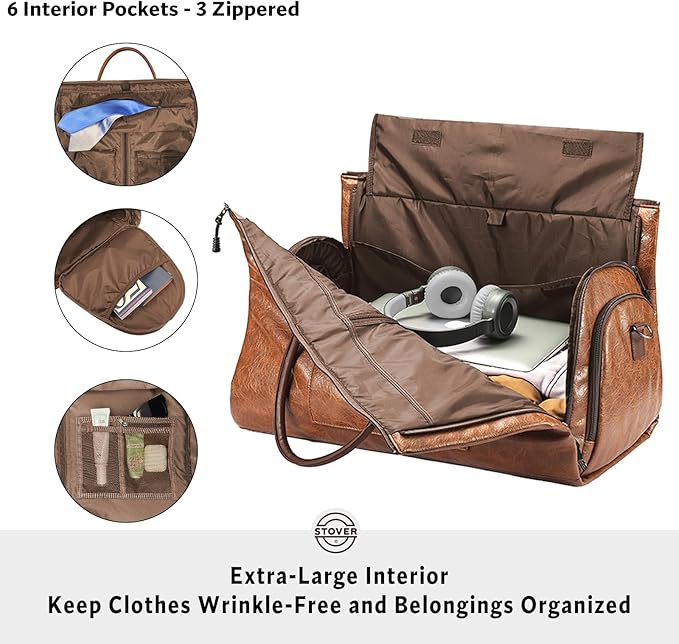 STOVER Garment Travel Duffle Bag, Large 2-in-1 Convertible Carry-on Luggage for Men & Women- Hanging Suits, Dresses & Clothes + Shoe Compartment- Weekender Tote Combo Duffel (Brown Leatherette)