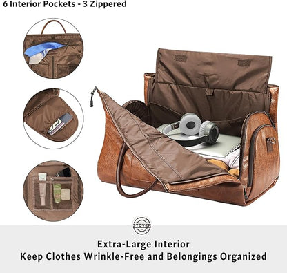 STOVER Garment Travel Duffle Bag, Large 2-in-1 Convertible Carry-on Luggage for Men & Women- Hanging Suits, Dresses & Clothes + Shoe Compartment- Weekender Tote Combo Duffel (Brown Leatherette)