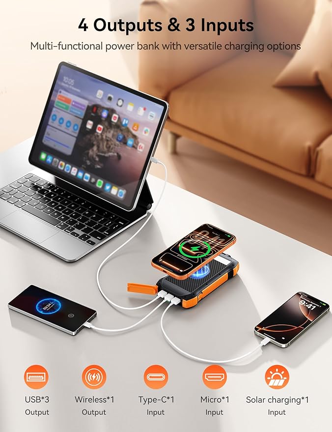 Solar Charger Power Bank, 40000mAh Wireless Portable Charger QC3.0 PD 20W Fast Charging with USB-C in/Output, External Battery Pack with Dual Flashlights Hiking Camping Essential