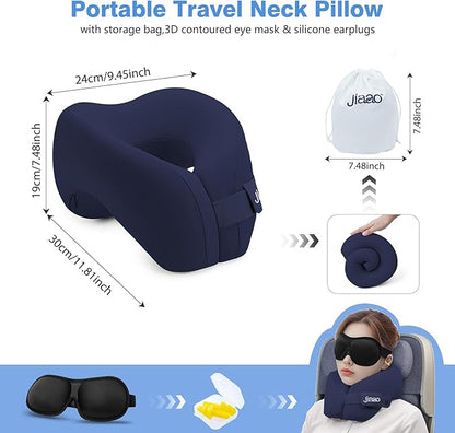 jiaao Neck Pillow Airplane, Memory Foam Travel Neck Pillows for Long Flight, 3D Eye Masks, Ear Plugs and Portable Drawstring Bag, Napping Pillow for Home, Road Trips, Sleep Rest and Travel Use