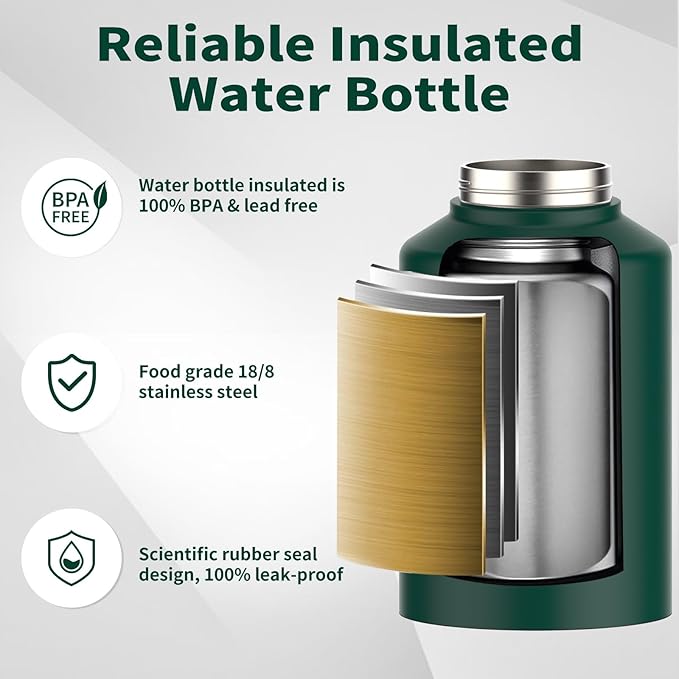 WATERSY 1 Gallon Water Bottle Insulated(Cold for 48 Hrs),BPA Free&Leak Proof,128oz Stainless Steel Water Jug,Big thermo,Large Water Bottle with Handle for Gym,Hiking,Camping&Travel,Dark Green