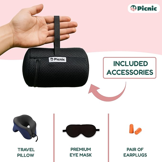 Picnic Neck Pillow for Traveling | 100% Pure Memory Foam Travel Pillow for Airplanes, Car & Office | Ergonomic Support with Adjustable Clasp, Eye Mask & Compact Travel Bag | Perfect for Relaxation