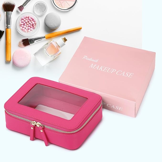Pinkmik Clear Makeup Bag for Women Waterproof Travel Cosmetics and Toiletries Case Portable Makeup Oaganizer Bag Clear Car Bag with Zipper (X/Fuxia, M)