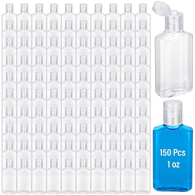 LemonRoad 150 Pcs 1 oz Travel Bottles Bulk Hand Sanitizer Bottle Mini Clear Bottles with Flip Caps Portable Empty Refillable Containers for Shampoo Lotion Liquid Body Soap Cream Toiletries(Clear Lid)