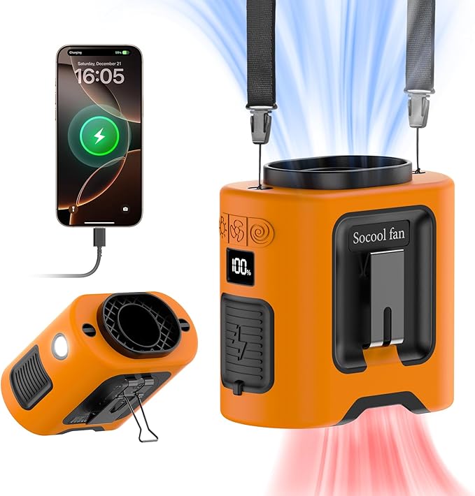 Socool 14500mAh Portable Waist Fan Clip on Belt 360 Rotation Wearable Rechargeable Personal Shirt Fan, 67H Cooling 5-Speed Battery Operated Fans with Light, Neck Fan Hanging for Outdoor Camping Travel
