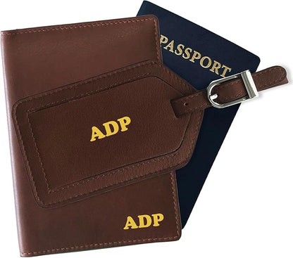 Personalized Monogrammed Toffee Leather RFID Passport Wallet and Luggage Tag