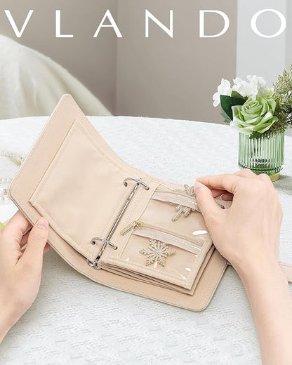 Vlando Travel Jewelry Organizer Case,Mothers Day Gifts for Her,Portable Jewelry Organizers Storage Book with Clear Zipper Velvet Jewelry Pouch Bag for Travel Essentials,Ring,Earring-Cream White