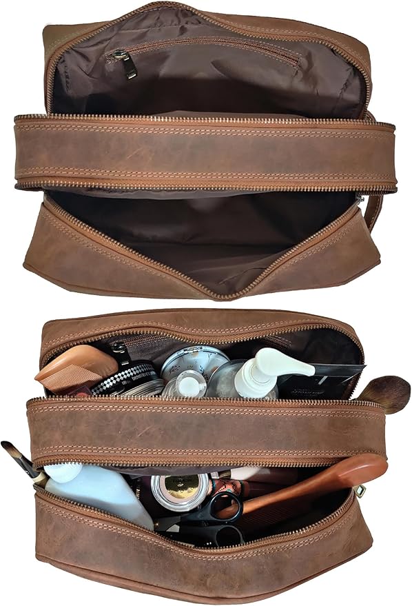 RUSTIC TOWN Full Grain Leather Travel Toiletry Bag - Cosmetic Makeup Kit Organizer (Brown)