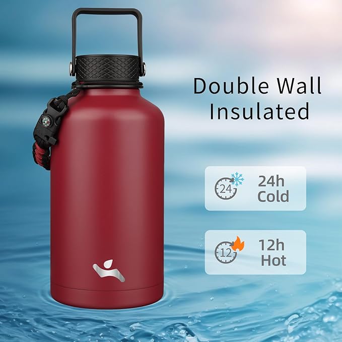 Half Gallon Insulated Water Bottle with Straw,64 oz 3 Lids Water Jug with Carrying Bag,Paracord Handle,Double Wall Vacuum Stainless Steel Metal Flask,Dark Red