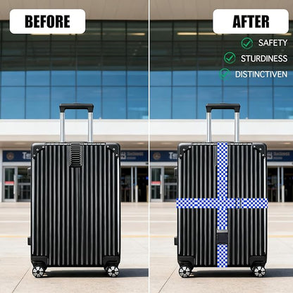 Nuxovilar Luggage Straps of 2 Set Blue White Checkered Pattern, 1.96x90.5 inches - Luggage Straps for Suitcases, Ideal for Sea Trips, Casual Trips, Daily Use