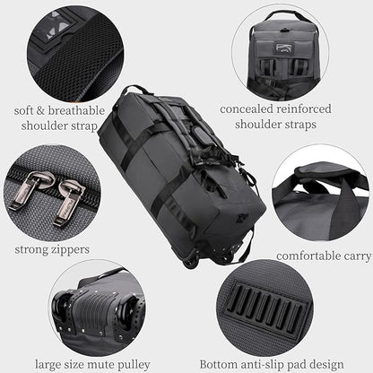 Rolling Duffle Bag with Wheels, 92L 34” Folding Duffle Backpack Soft-Sided with 2 Wheels, 6-way Carry-On Large Travel Bag Men/Women Multiple Pockets for Long Trip, Blue