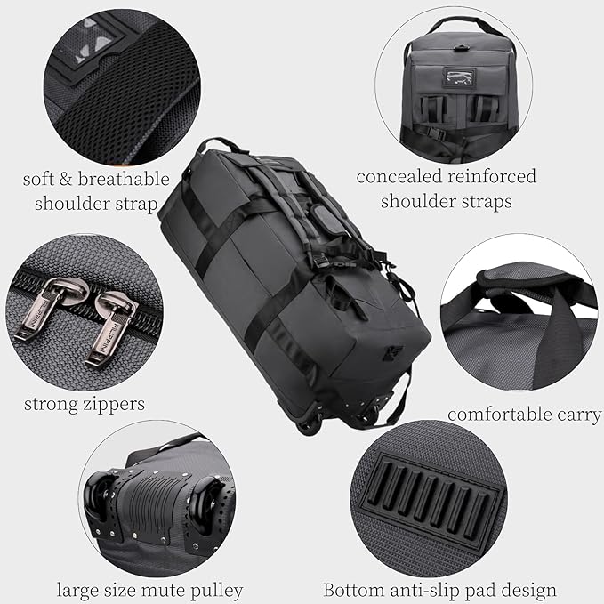 Rolling Duffle Bag with Wheels, 92L 34” Folding Duffle Backpack Soft-Sided with 2 Wheels, 6-way Carry-On Large Travel Bag Men/Women Multiple Pockets for Long Trip, green