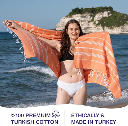 Turkish Beach Towels, Pack of 2 | Oversized, Quick Dry, Sand Free | 100% Cotton, Large 38x71 Towels for Beach, Pool, Travel | Ultra-Soft, Compact, and Absorbent | Orange