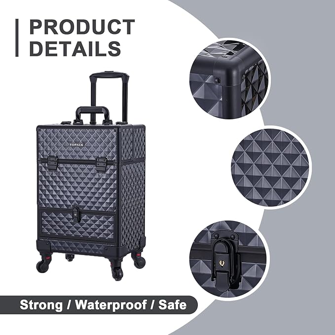 TOPACK Rolling Makeup Train Case,360°Rotaing Wheel Aluminum Cosmetic Case with Trolley 4-Tray for Tattoo/Barber/Nail Tech Travel Cart Organizer 13.1 * 9.8 * 18.3in BLACK (BLACK)