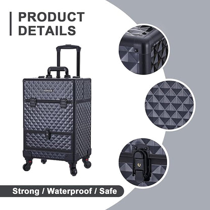 TOPACK Rolling Makeup Train Case,360°Rotaing Wheel Aluminum Cosmetic Case with Trolley 4-Tray for Tattoo/Barber/Nail Tech Travel Cart Organizer 13.1 * 9.8 * 18.3in BLACK (BLACK)