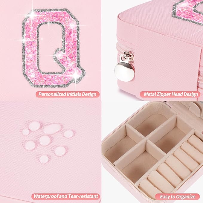 Personalized Jewelry Case for Women Girls - Fashion Mini Jewelry Boxes - Trendy Travel Jewelry Organizer with Initials Letter - Teen Gifts | Pink,Q