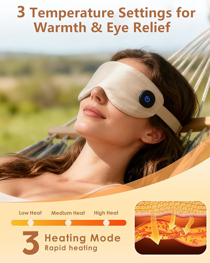 Heated Eye Mask for Dry Eyes & Stye Relief, 100% Mulberry Silk Sleep Mask with 3 Heat Levels & Auto-Off, Rechargeable & Washable Warm Eye Compress, Graphene Wireless Heating Pad for Travel
