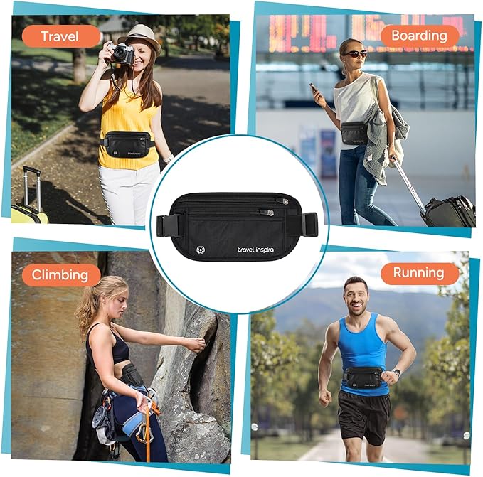 travel inspira Travel Money Belt with Anti-Theft Zipper Upgrade Larger Slim Travel Pouch with RFID Blocking Fabric to Protect Credit Cash, Passports, and Documents, Black