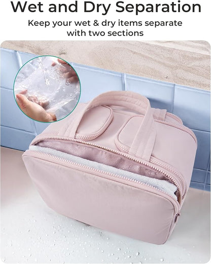 BAGSMART Travel Toiletry Bag, Crush Toiletry Bag for Women, Wide-open Puffy Toiletry Bags for Traveling, Large Travel Cosmetic Makeup Bag Organizer for Accessories,Toiletrie, Pink