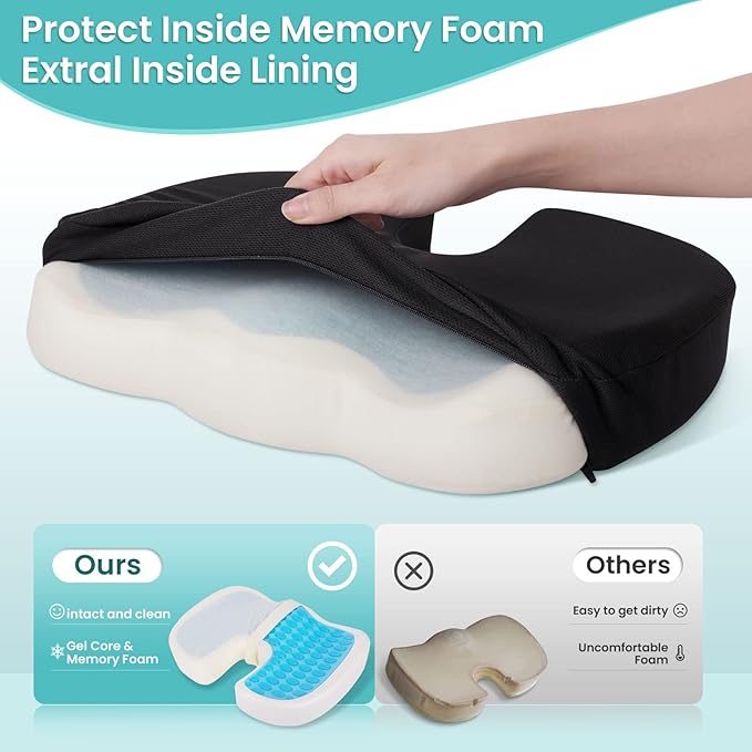 Office Chair Seat Cushion, Cooling Gel Enhanced Memory Foam Cushion for Long Sitting - Back, Sciatica, Coccyx, Tailbone Pain Relief Pillow - for Office, Gaming, Car, Wheelchair - Black, Large