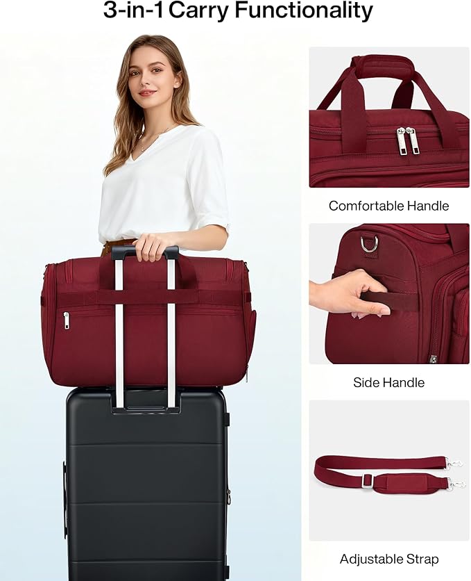 MILADA Carry On Luggage Bags for Travel Large Foldable Duffle Bag for Travel Lightweight Personal Bags for Airplanes Weekend Overnight Bags for Women Mens Travel Bag, Burgundy